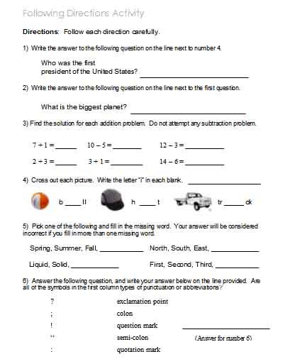 Following Directions     Worksheets  Activities  Goals  And More