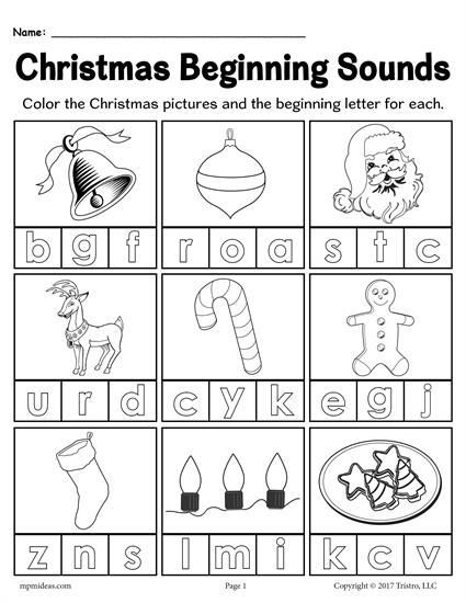 Free Printable Christmas Beginning Sounds Worksheet