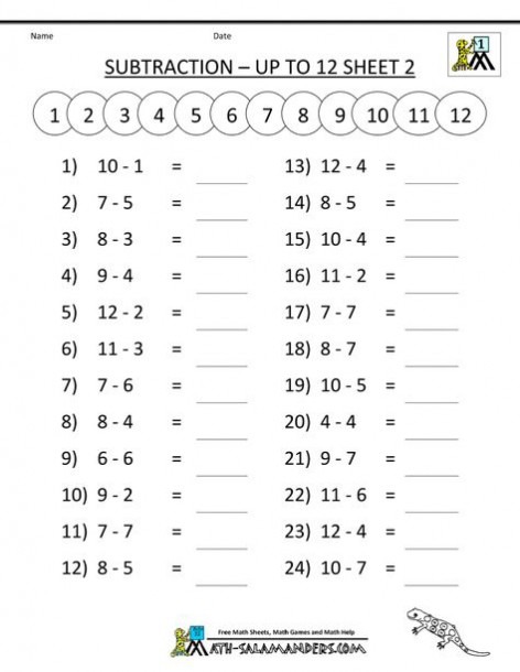 Free Printable Math Sheets Mental Subtraction To 12 2