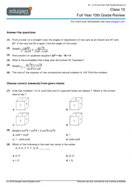 Grade 10 Math Worksheets And Problems  Full Year 10th Grade Review
