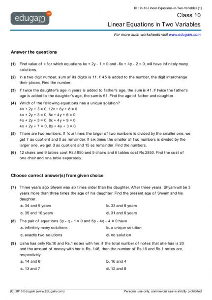 Grade 10 Math Worksheets And Problems  Linear Equations In Two