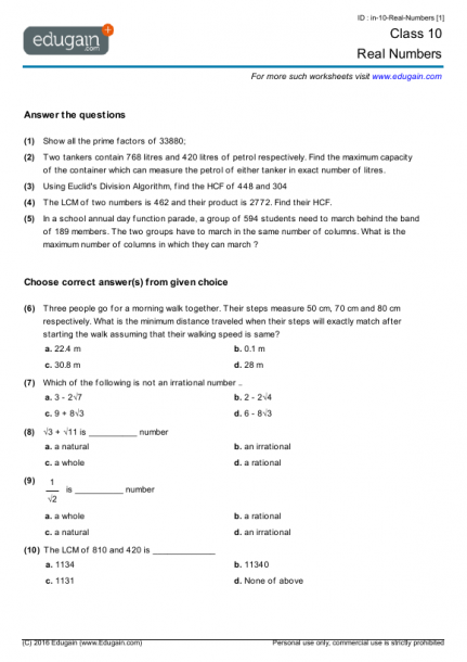 Grade 10 Math Worksheets And Problems  Real Numbers