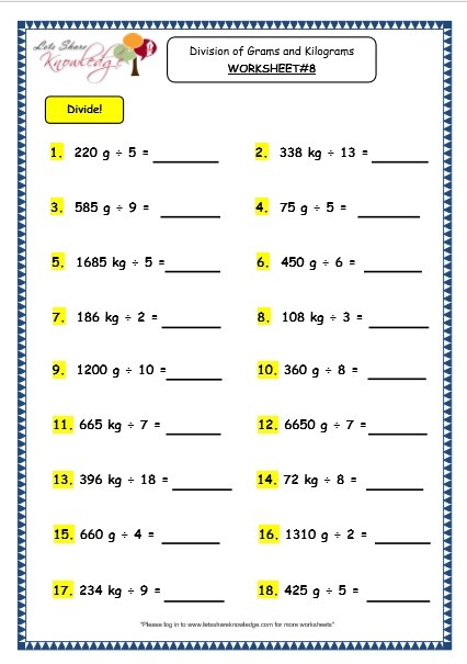 Grade 3 Maths Worksheets   12 6 Division Of Grams And Kilograms