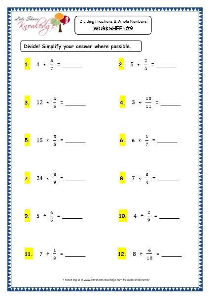 Grade 4 Maths Resources  2 7 Dividing Fractions And Whole Numbers