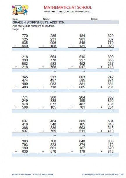 Grade 4 Maths Worksheets  Addition Adding Four 3