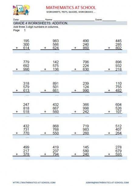 Grade 4 Maths Worksheets  Addition Adding Three 3