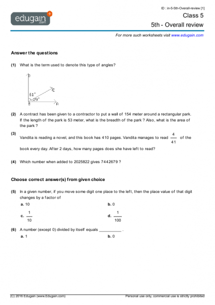 Grade 5 Math Worksheets And Problems  5th