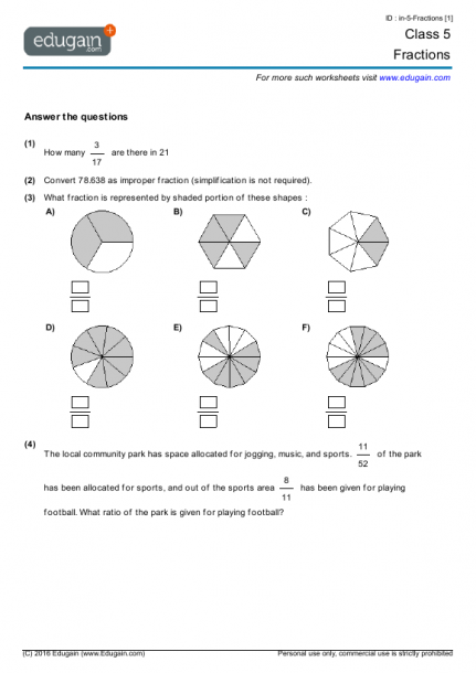 Grade 5 Math Worksheets And Problems  Fractions
