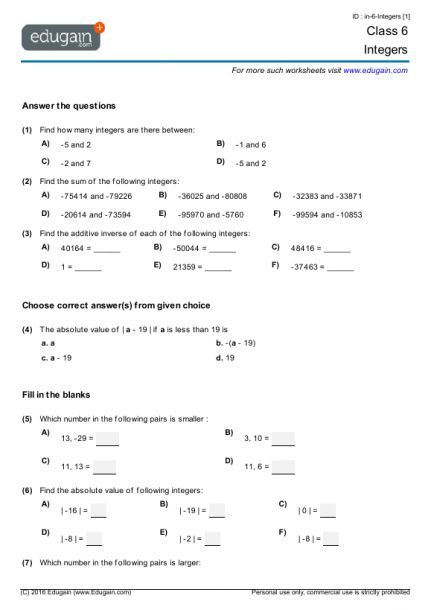 Grade 6 Math Worksheets And Problems  Integers