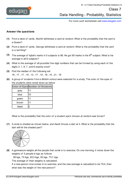 Grade 7 Math Worksheets And Problems  Data Handling