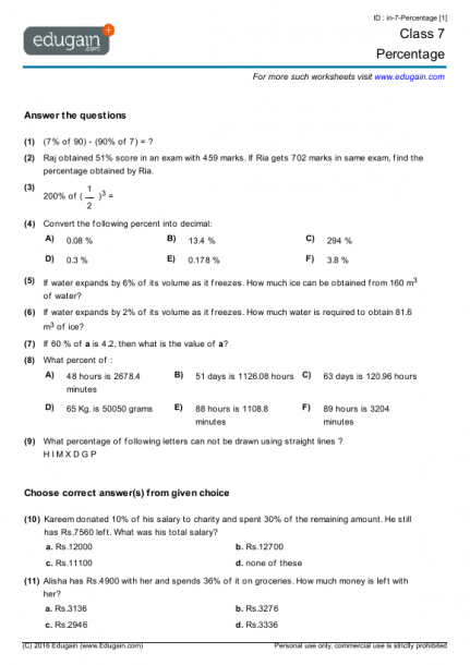 Grade 7 Math Worksheets And Problems  Percentage