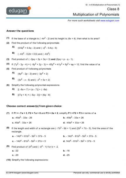 Grade 8 Math Worksheets And Problems  Multiplication Of