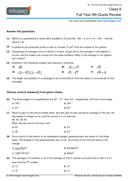 Grade 9 Math Worksheets And Problems  Full Year 9th Grade Review