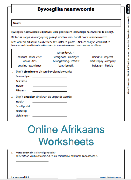 Grade 9 Online Afrikaans Worksheets  For More Worksheets Visit Www
