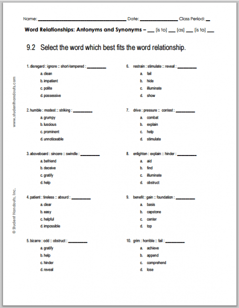 Grade 9 Verbal Reasoning Worksheet  2