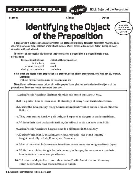 Identifying The Object Of Preposition 6th 10th Grade