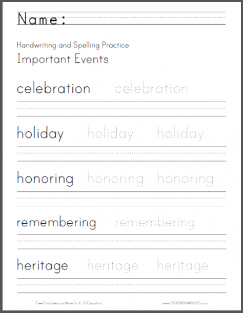 Important Events Handwriting And Spelling Worksheet