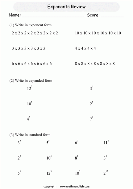 Mixed Expanded And Exponent Form Printable Grade 6 Math Worksheet