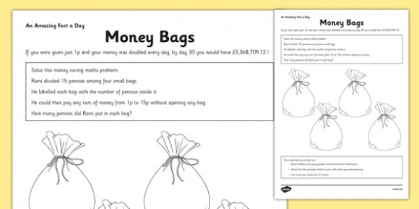 Money Bags Worksheet   Worksheet