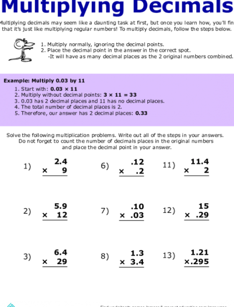 Multiplying Decimals Worksheet Math Aids