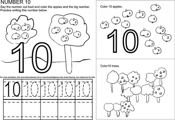 Number 10   Ten   Tracing And Coloring Worksheets