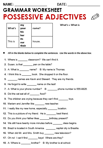 english worksheet to print with the possessive adjectives