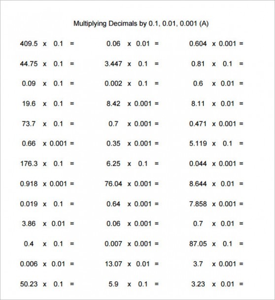 Sample Multiplying Decimals Vertical Worksheet