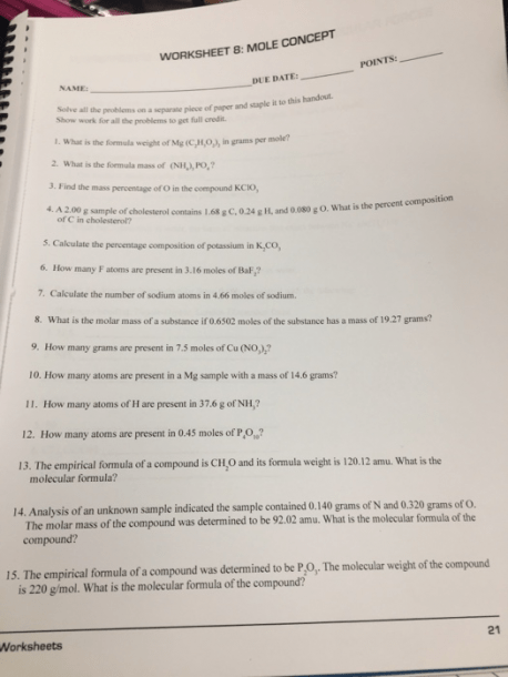 Solved  Worksheet 8  Mole Concept Points  Due Date  Name S