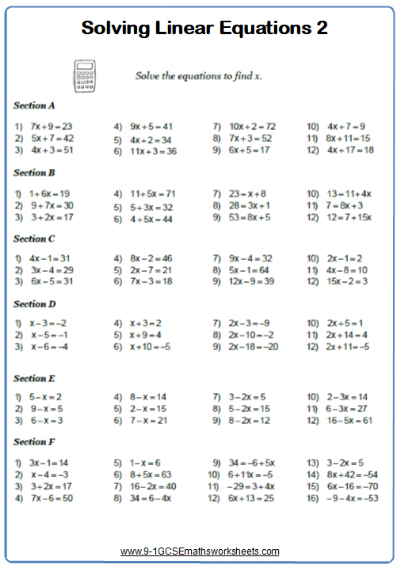 Solving Linear Equations Worksheet Practice Questions