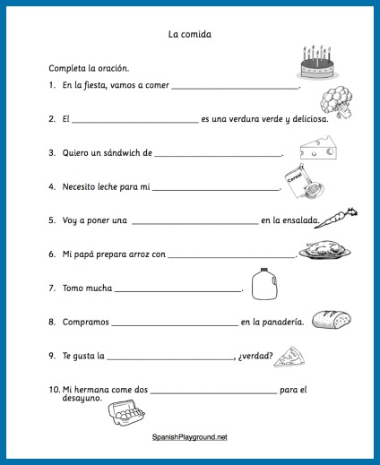 Spanish Food Vocabulary Printable Activities