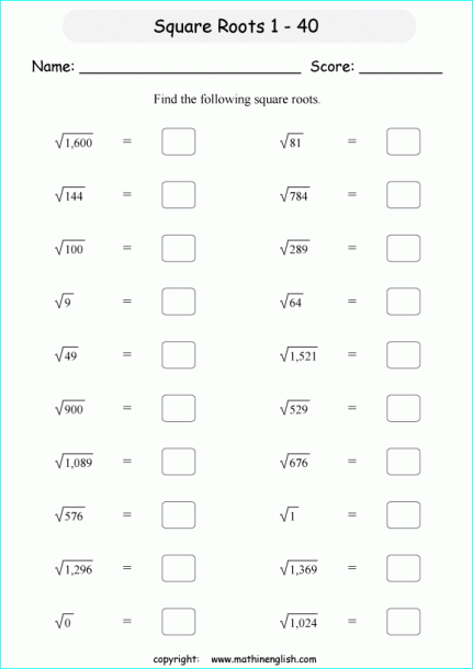 Square Roots 1 To 40 Printable Grade 6 Math Worksheet
