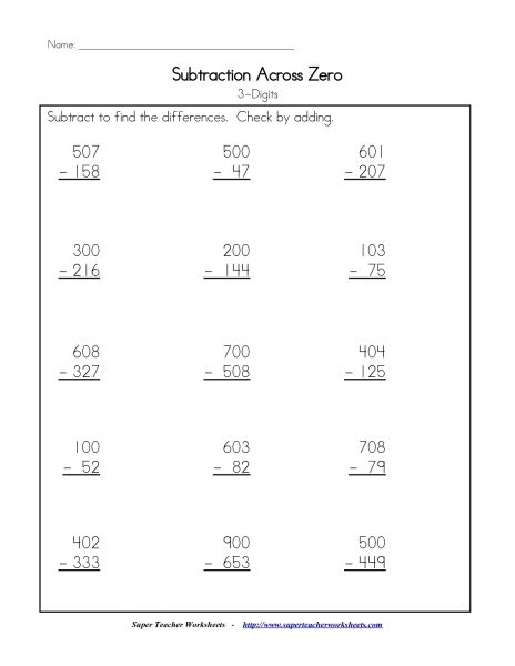 Subtraction Across Zeros Worksheets Grade 3   Free Worksheets Free