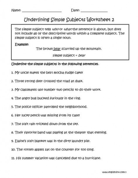Underlining Simple Subject Worksheet Part 2
