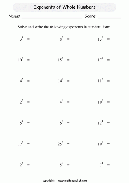 Whole Numbers Exponents Printable Grade 6 Math Worksheet
