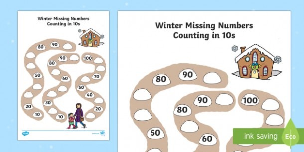 Winter Path Missing Numbers Counting In 10s Worksheet   Worksheet