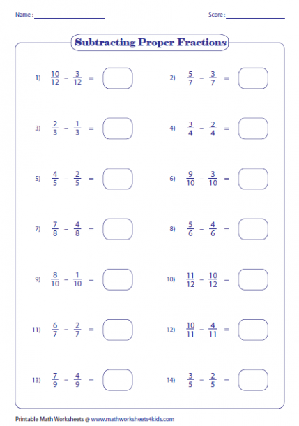 Math Worksheets Subtracting Fractions 